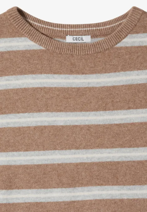 Beige-weißer Strickpullover mit horizontalen Streifen und Rundhalsausschnitt, Marke CECIL.