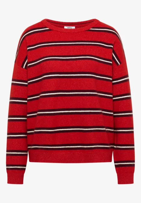 Roter Pullover mit schwarzen und weißen Querstreifen.