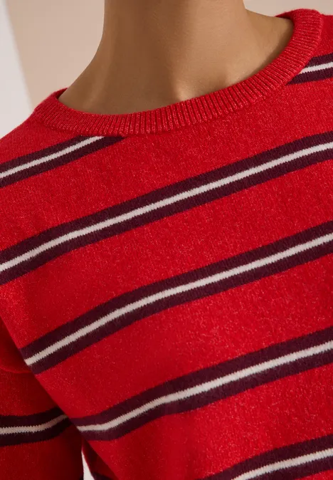 Roter Pullover mit schwarzen und weißen Querstreifen, Nahaufnahme von Schulter und Brustbereich.
