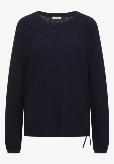 Ein schlichter dunkelblauer Pullover mit Rundhalsausschnitt, langen Ärmeln und seitlichem Tunnelzug.