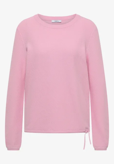 Ein schlichter, rosafarbener Langarm-Pullover mit Rundhalsausschnitt und Kordelzug am Saum.