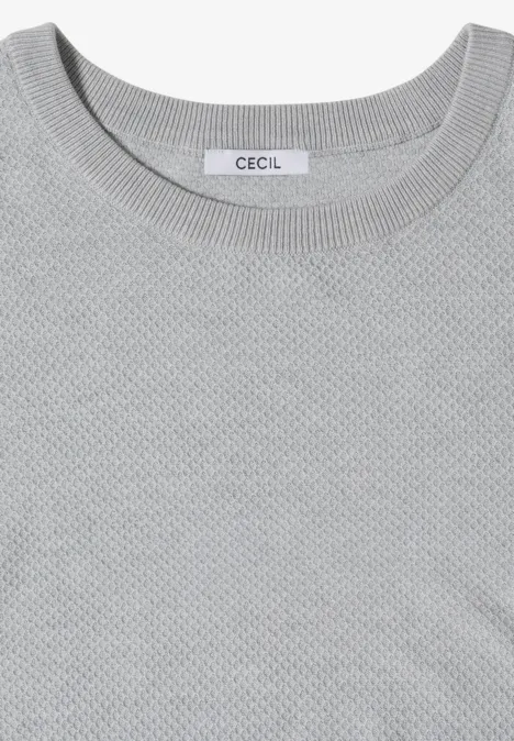 Hellgraues Feinstruktur-T-Shirt mit Rundhalsausschnitt und CECIL-Label.
