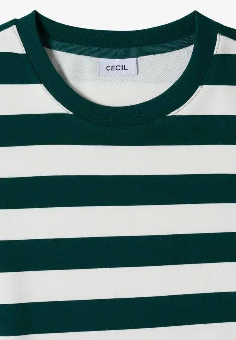 Sweatshirt mit Rundhals und Streifen dark fir green T-Shirt mit breiten dunkelgrünen und weißen Streifen, Rundhalsausschnitt, CECIL-Label.