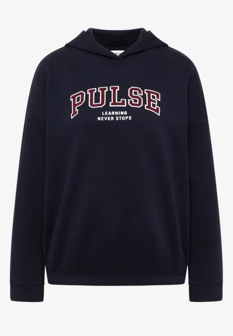 Dunkelblaue Kapuzenpullover mit 'PULSE LEAGUE NEVER STOP' Schriftzug.