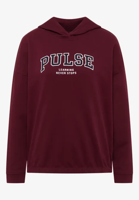 Bordeauxrotes Kapuzen-Sweatshirt mit weißem 'PULSE LEAGUE NEW YORK'-Aufdruck.