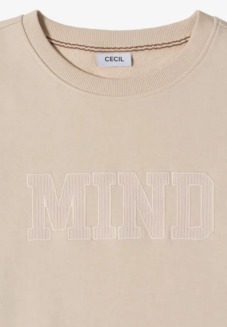 Beiges T-Shirt mit weißem Kontur-Schriftzug 'MIND' und 'CECIL'-Label innen