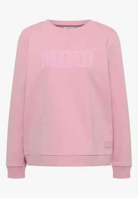 Rosa Sweatshirt mit rundem Ausschnitt und weißem 'MIND'-Schriftzug auf der Brust.