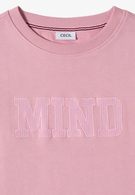 Rosa T-Shirt mit Rundhals und weißem MIND-Schriftzug.