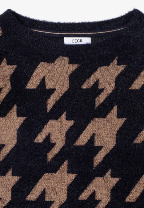 Schwarzer Pullover mit beigem Hahnentritt-Muster und Rundhalsausschnitt, Marke CECIL.