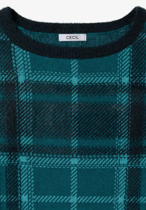 Langarm Pullover mit Karomuster deep petrol blue Grün-schwarz kariertes Strickshirt mit Rundhals und CECIL-Label
