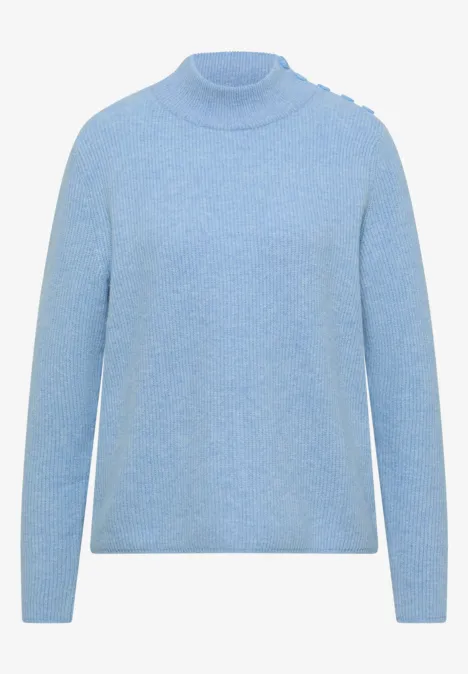 Pullover mit Struktur und Knopfdetail easy blue melange Hellblauer Pullover mit Stehkragen und langen Ärmeln, schlicht und weich.