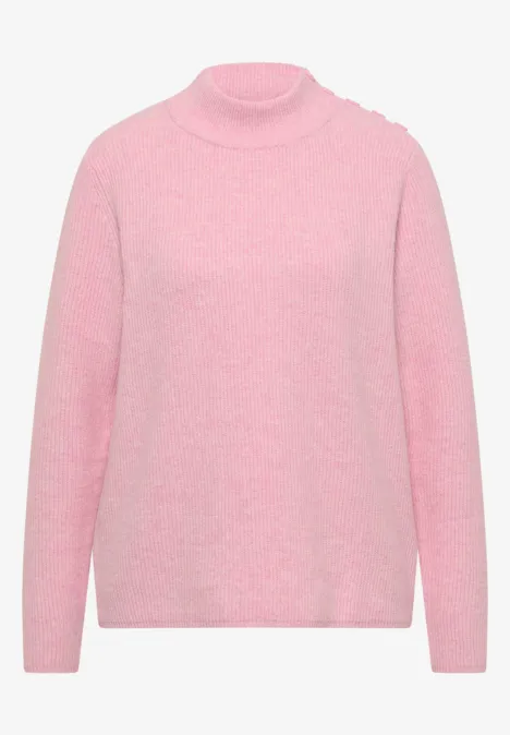 Pullover mit Struktur und Knopfdetail mellow rose melange Rosa, flauschiger Strickpullover mit Stehkragen