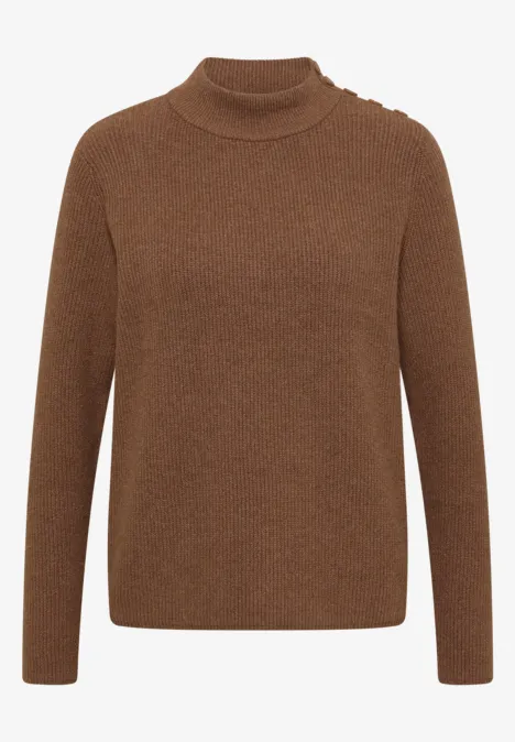 Pullover mit Struktur und Knopfdetail dark toffee brown melange Ein brauner Pullover mit Rollkragen, langen Ärmeln und Knopfdetail an der Schulter.