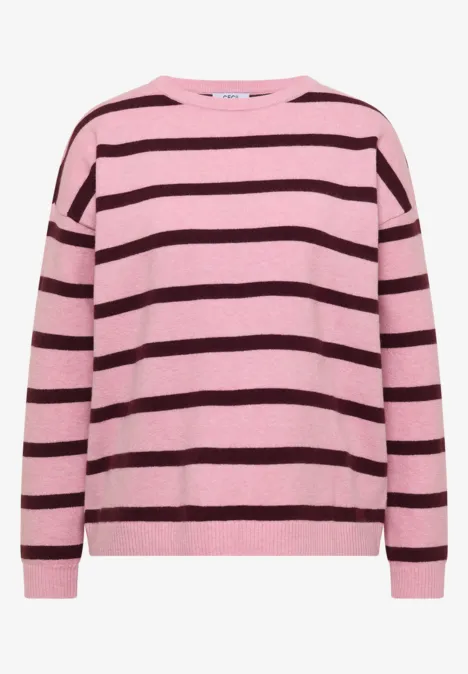 Pullover mit Boat Neck und Streifen mellow rose melange Pullover aus rosa Stoff mit braunen Querstreifen und rundem Ausschnitt.