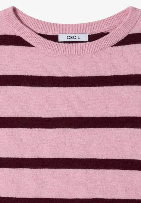 Pullover mit Boat Neck und Streifen mellow rose melange Hellrosa Pullover mit dunkelroten Streifen und rundem Halsausschnitt, Marke Cecil.