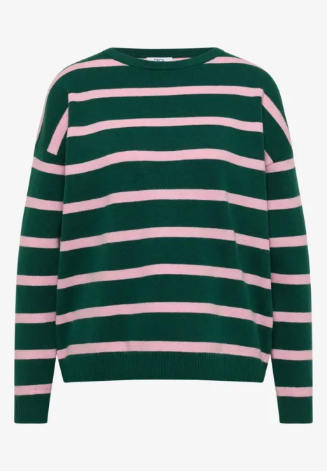 Pullover mit Boat Neck und Streifen dark fir green melange Dunkelgrüner Pullover mit rosa Querstreifen, lange Ärmel und Rundhalsausschnitt.