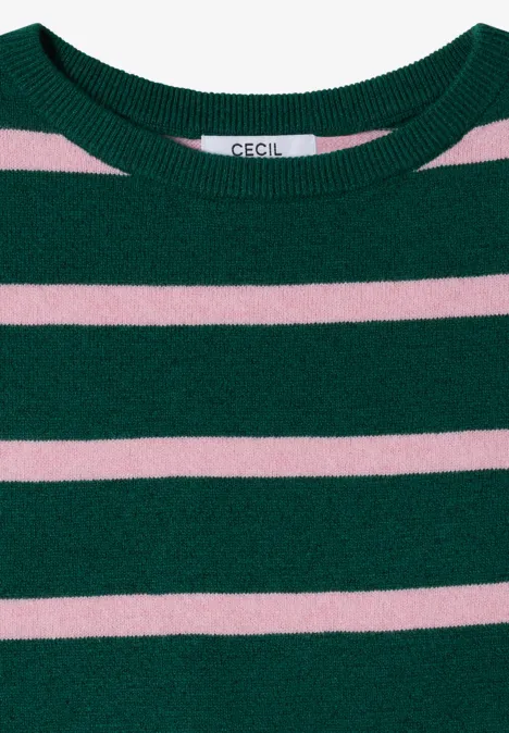 Pullover mit Boat Neck und Streifen dark fir green melange Grüner Pullover mit rosa Querstreifen und rundem Halsausschnitt
