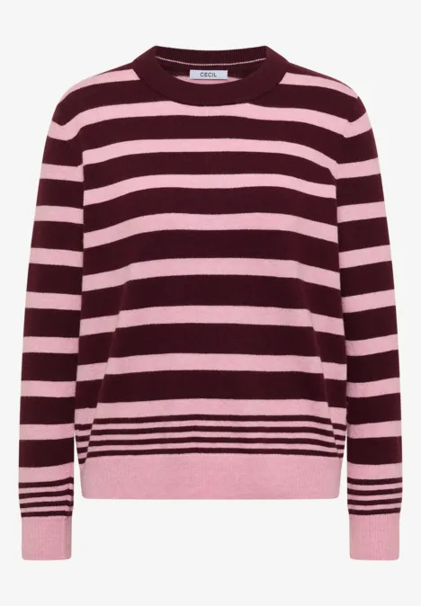 Pullover mit Rundhals und Streifen red wine melange Ein gestreifter Pullover in Burgund und Rosa mit Rundhalsausschnitt