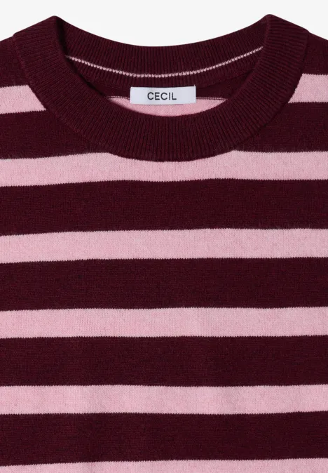 Pullover mit Rundhals und Streifen red wine melange Feinstrickpullover in bordeauxrot mit hellrosa Querstreifen und Rundhalsausschnitt, Label 'CECIL'.