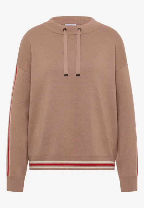 Trui met col en college-details creamy mocha melange Beige capuchontrui met rode strepen op de mouwen en een rood-witte boord.