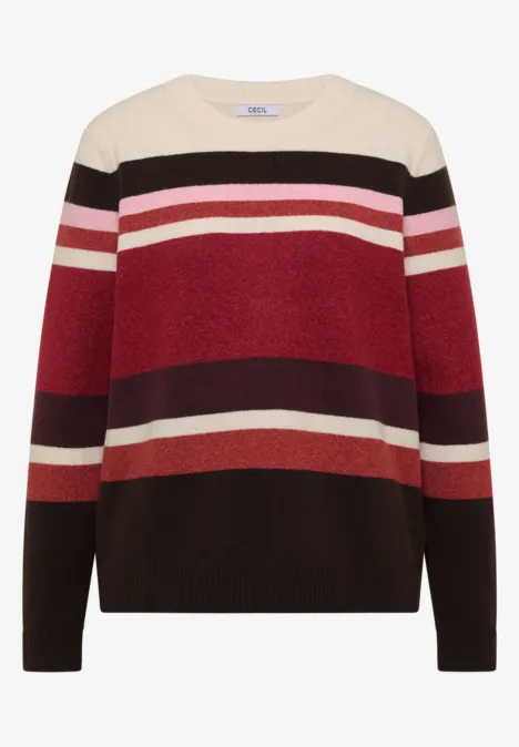 Sweter z okrągłym dekoltem i w paski rhubarb melange Wełniany sweter z długim rękawem i okrągłym dekoltem, poziome paski w beżu, czerni, różu i bordowym.