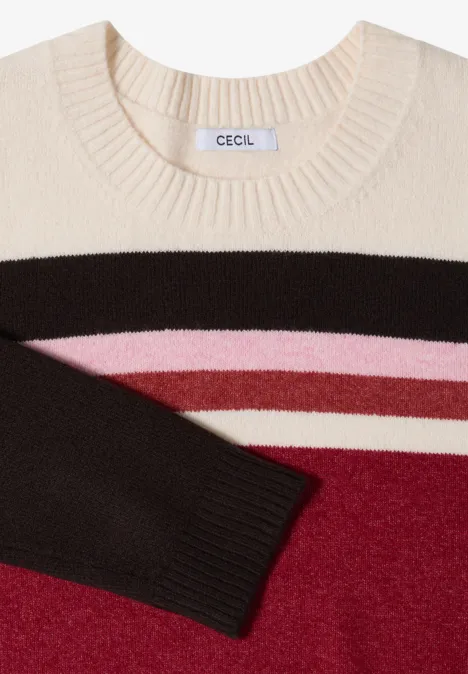 Sweter z okrągłym dekoltem i w paski rhubarb melange Kremowy sweter w poziome pasy: ciemnobrązowe, różowe i czerwone, z widocznym rękawem