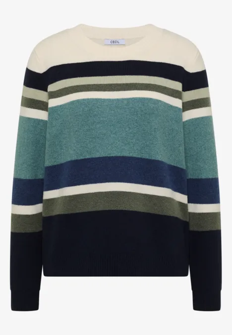 Sweter z okrągłym dekoltem i w paski mineral blue melange Luźny sweter z okrągłym dekoltem i szerokimi poziomymi paskami w odcieniach kremu, zieleni i niebieskiego.