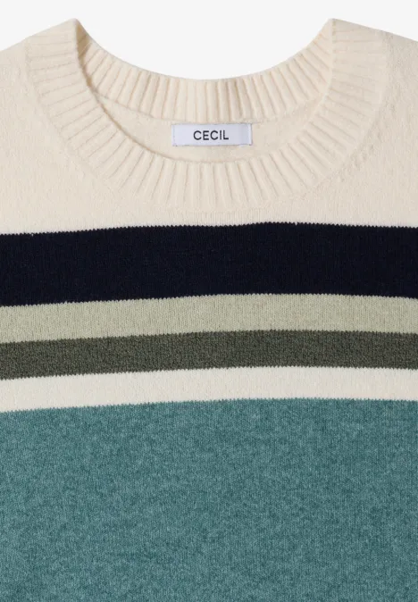 Sweter z okrągłym dekoltem i w paski mineral blue melange Jasny sweter z szerokimi poziomymi paskami w kremie, czerni, oliwce i morskim.