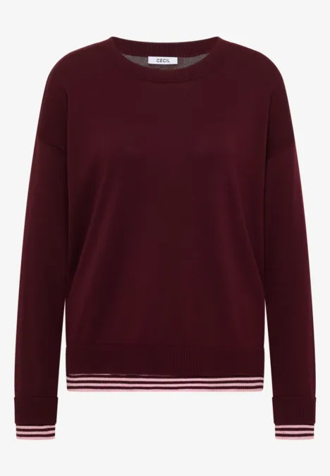 Pullover mit Rundhals und Layering-Detail red wine Bordeauxroter Pullover mit Rundhalsausschnitt, weißen Streifen an Saum und Ärmelabschlüssen.