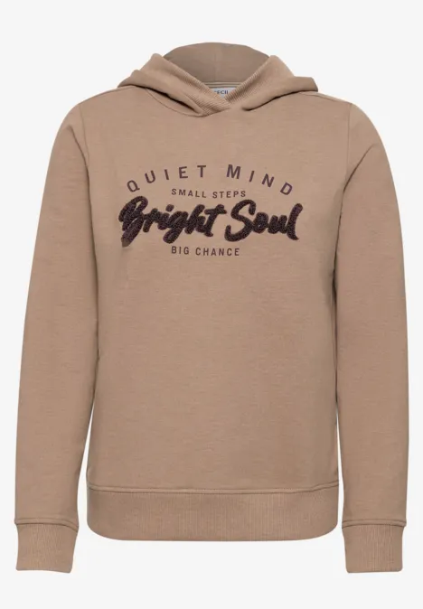 Sweat à capuche beige avec inscription noire 'Quiet Mind Small Steps Bright Soul Big Chance'.