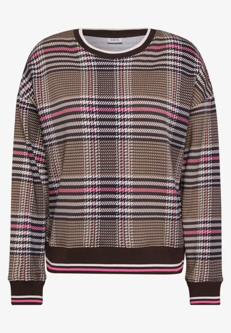Sweat-shirt à col rond et motif à carreaux dark toffee brown Brauner karierter Pullover mit Rundhals, langen Ärmeln und Kontraststreifen an Bündchen und Saum.