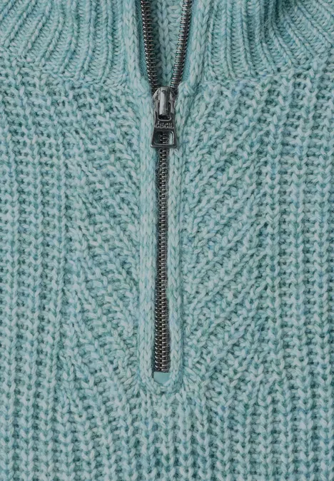 Pull uni à fermeture zip multi lapis melange Pull épais turquoise en maille avec fermeture éclair courte et col côtelé