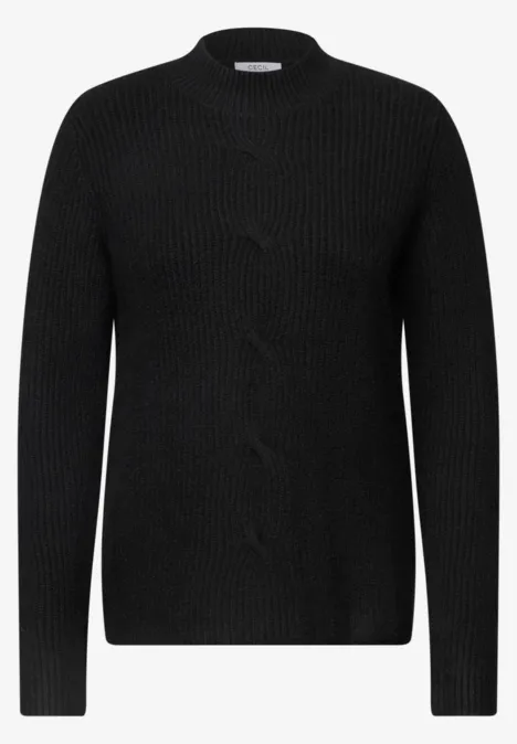 Schwarzer, gestrickter Pullover mit Rundhalsausschnitt und langen Ärmeln.