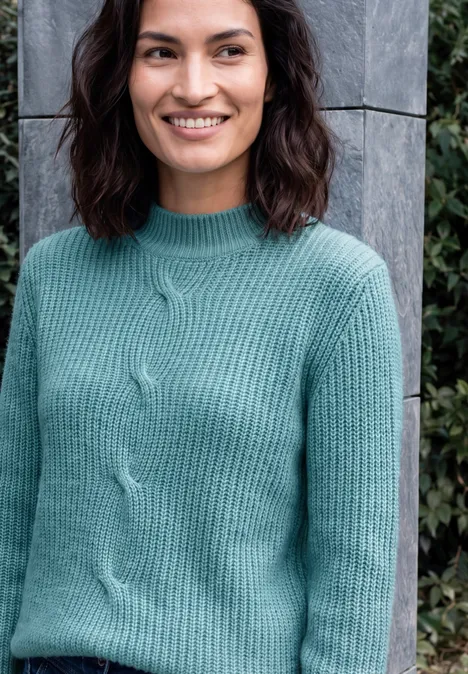 Eine lächelnde Frau in mintgrünem Strickpullover vor einer grauen Steinwand und Grünpflanzen.