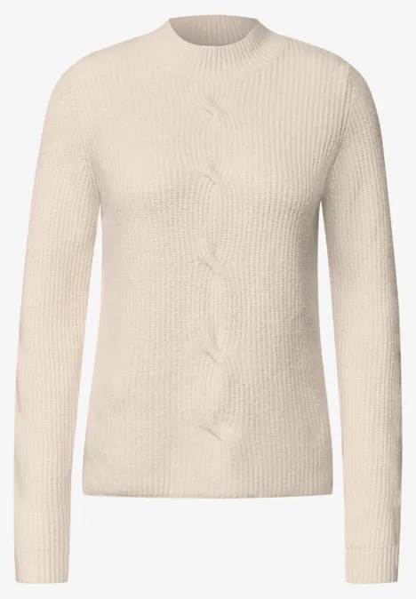Pull col montant à motif torsadé oat milk beige melange Pull femme beige clair en maille fine, col rond, manches longues, motif torsadé discret.
