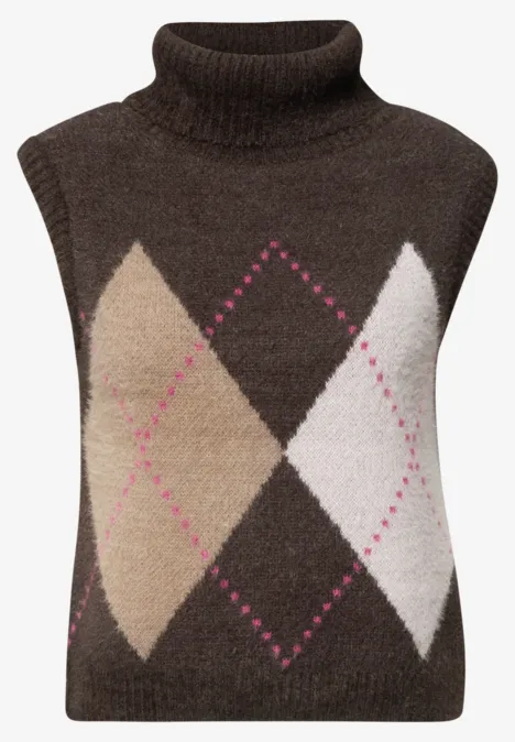 Vest zonder mouwen met kraag en argylepatroon truffle brown Mouwloos, bruin coltrui-vest met beige en witte ruiten in argyle-patroon en roze sierlijnen.