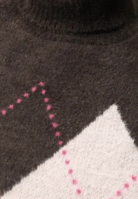 Vest zonder mouwen met kraag en argylepatroon truffle brown Wollen trui met col en argylepatroon in donkergrijs en lichtgrijs met roze stippellijnen.