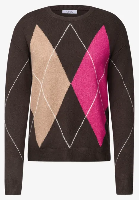 Pull à col rond et motif Argyle truffle brown Pull marron avec losanges beige et rose vif