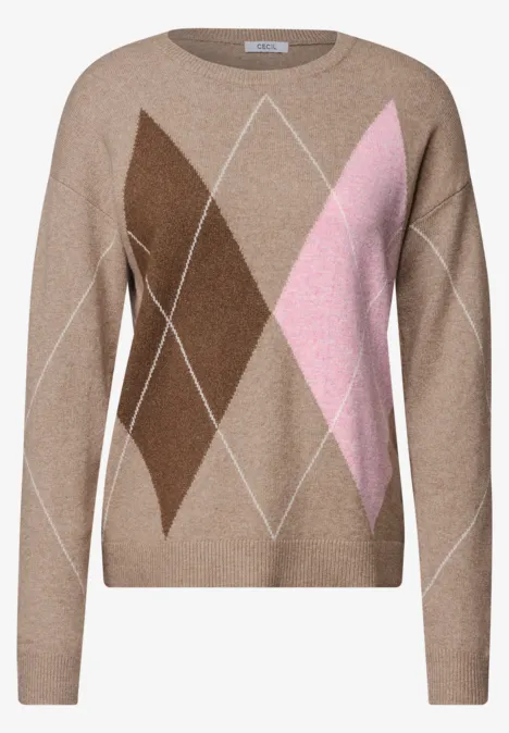 Pullover mit Rundhals und Argyle-Muster creamy mocha melange Brauner Pullover mit Rautenmuster in Hellrosa und Beige