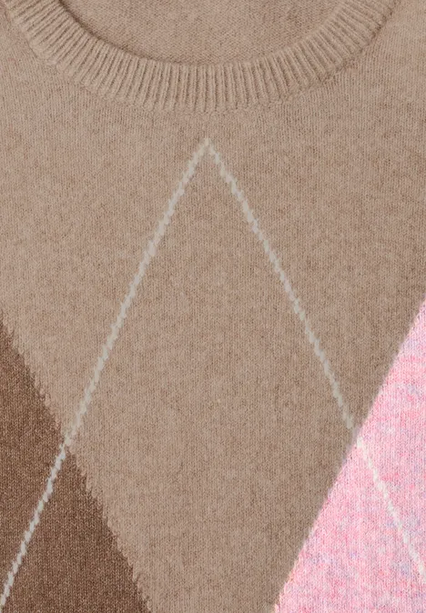 Pullover mit Rundhals und Argyle-Muster creamy mocha melange Nahaufnahme eines Strickpullovers mit Rautenmuster in Beige-, Braun- und Rosatönen
