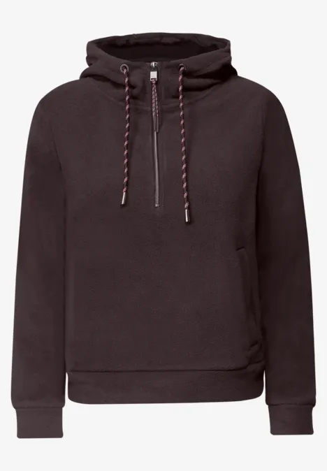 Donkergrijze capuchonsweater met korte ritssluiting, koord en zakken.