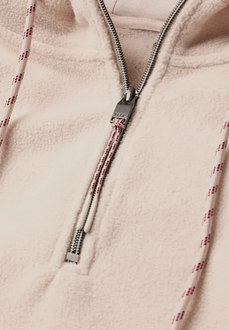 Beige Fleece-Kapuzensweatshirt mit Metall-Reißverschluss und zweifarbigen Kordelzügen.