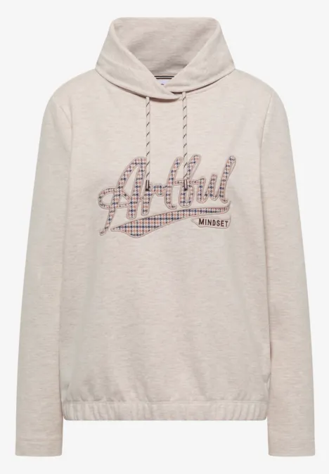 Beiger Kapuzenpullover mit elastischem Saum und kariertem Artful-Print auf der Vorderseite.