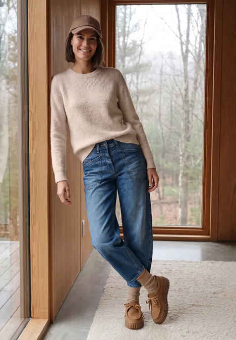 Trui met bouclé-mix en ronde hals oat milk beige melange Een vrouw in een beige trui, spijkerbroek en mocassins lacht staand voor grote ramen in een modern houten interieur.
