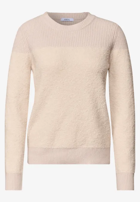 Trui met bouclé-mix en ronde hals oat milk beige melange Beige damestrui van zacht, pluizig materiaal met ronde hals en lange mouwen.