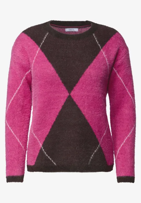 Pullover mit Rundhals und Argyle-Muster pink flash Damenpullover in Pink und Dunkelbraun mit Argyle-Muster, weich und langärmelig.