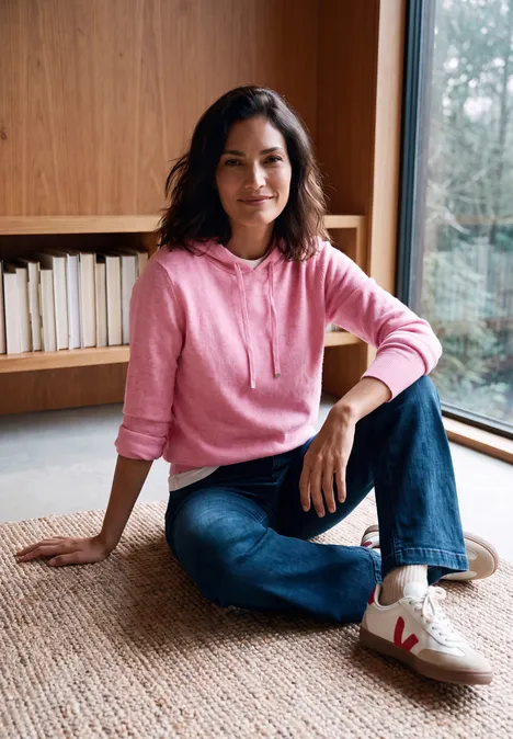 Pull uni à capuche dark blossom melange Femme en sweat à capuche rose et jean assise sur un tapis devant une bibliothèque.