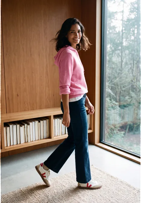 Pull uni à capuche dark blossom melange Une femme en sweat rose et jean sourit debout près d’une grande fenêtre dans un intérieur lumineux.