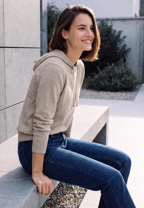 Pull uni à capuche Coffee beige melange Une jeune femme assise sur un muret, souriante, porte un sweat à capuche beige et un jean, en extérieur.