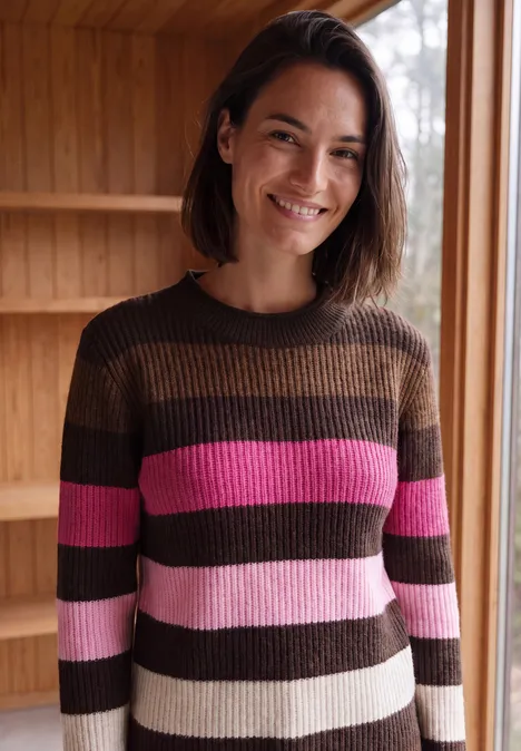 Frau mit braun-pink gestreiftem Pullover lächelt vor Holzregal.
